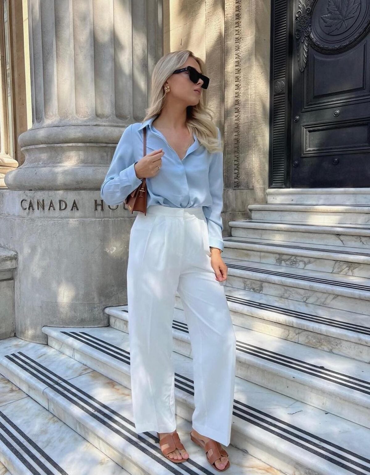 Light Blue Silk Shirt and White Wide-Leg Linen Trousers Light Blue Silk Shirt and White Wide-Leg Linen Trousers — Trendy Casual Office Outfit
