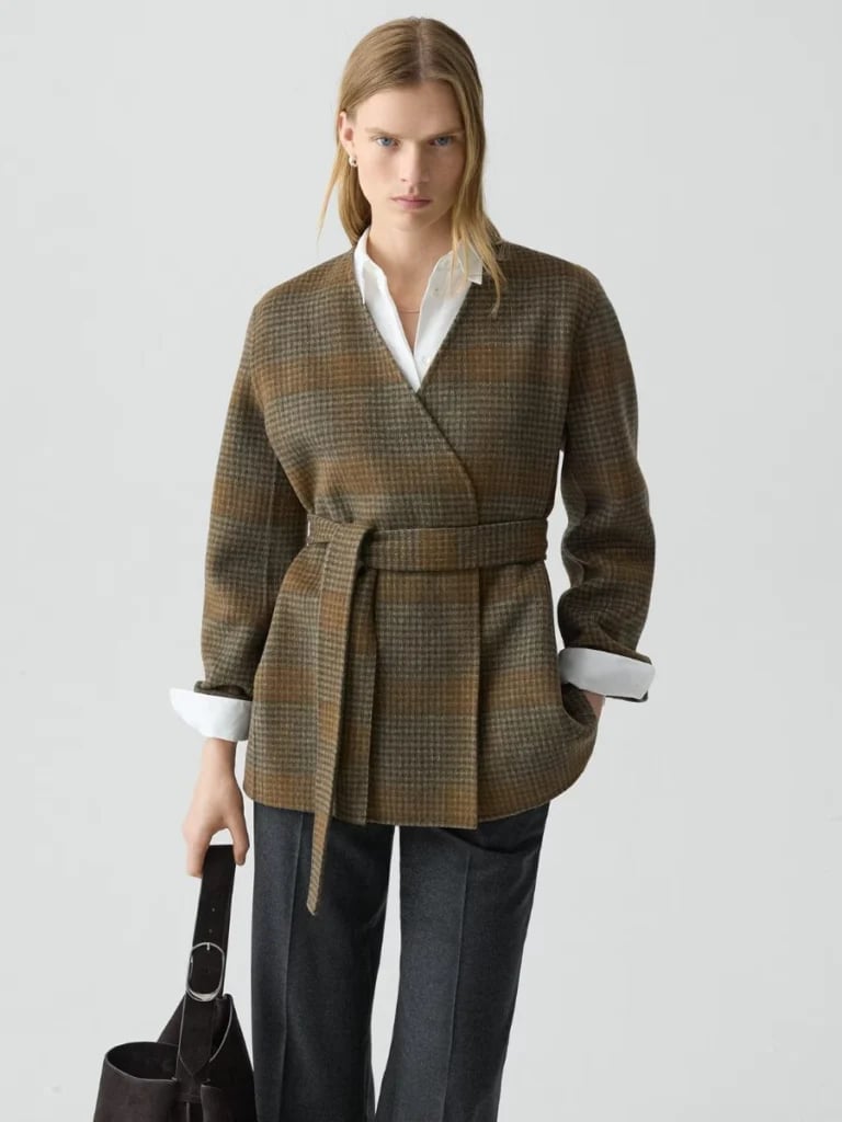 Brown Plaid Wrap Jacket Grey Trousers and White Shirt Brown Plaid Wrap Jacket Grey Trousers and White Shirt — Trendy Casual Office Outfit