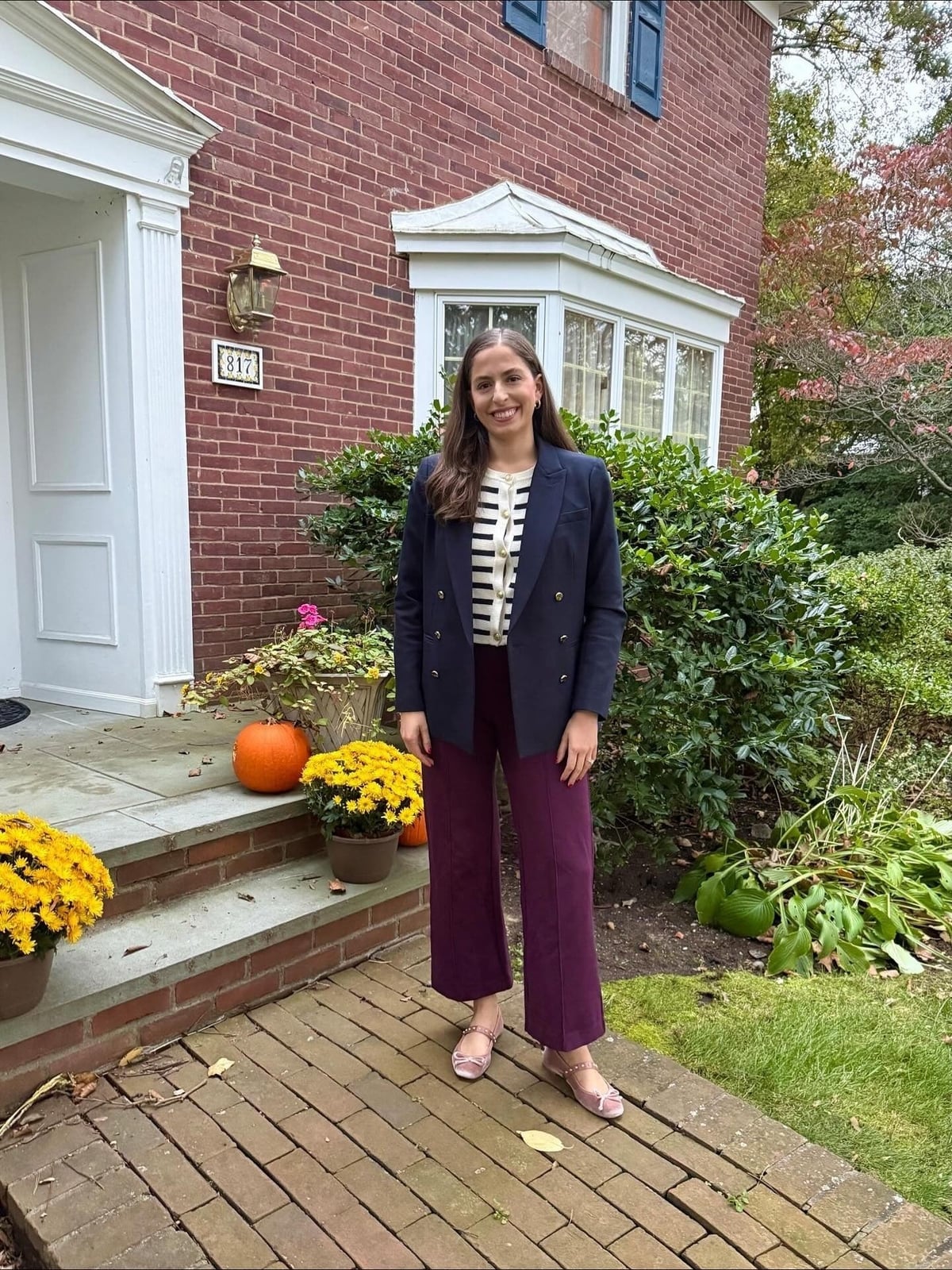 Navy Blazer Burgundy Corduroy Trousers and Block Heels Navy Blazer Burgundy Corduroy Trousers and Block Heels — Trendy Casual Office Outfit