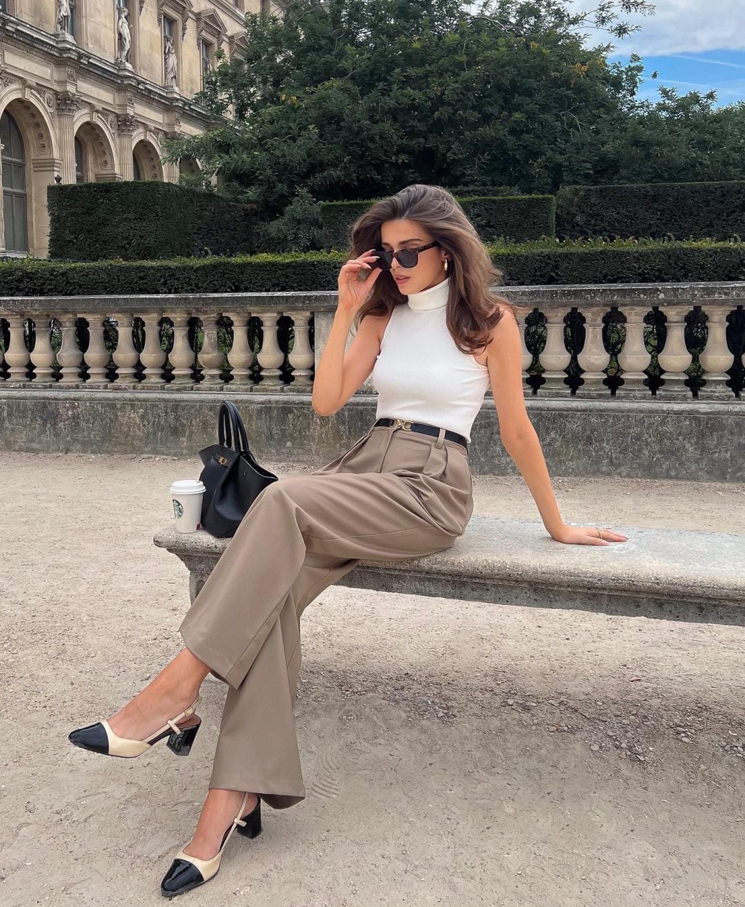 White Sleeveless Turtleneck and Taupe Wide-Leg Trousers White Sleeveless Turtleneck and Taupe Wide-Leg Trousers — Trendy Casual Office Outfit