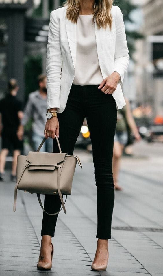 White Blazer Black Skinny Trousers and Satin Blouse White Blazer Black Skinny Trousers and Satin Blouse — Trendy Casual Office Outfit