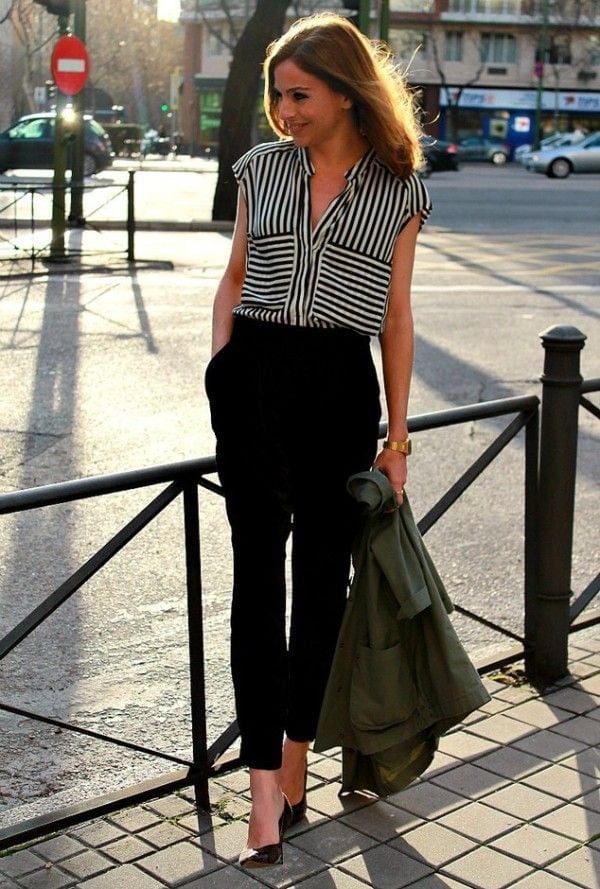 Striped Button-Up Shirt Black Pants and Held Jacket Striped Button-Up Shirt Black Pants and Held Jacket — Trendy Casual Office Outfit