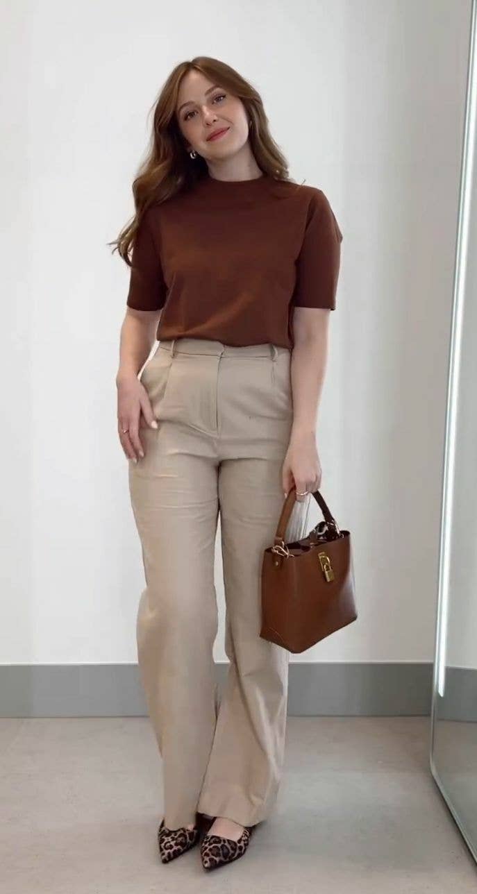 Brown Mock Neck Top Beige Wide-Leg Trousers Leopard Heels Brown Mock Neck Top Beige Wide-Leg Trousers Leopard Heels — Trendy Casual Office Outfit