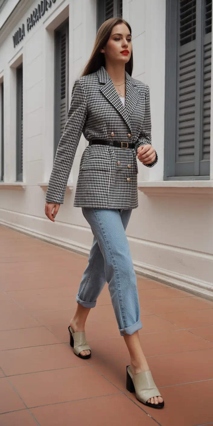 Gingham Blazer White T-Shirt and Light Blue Cuffed Jeans Gingham Blazer White T-Shirt and Light Blue Cuffed Jeans — Trendy Casual Office Outfit
