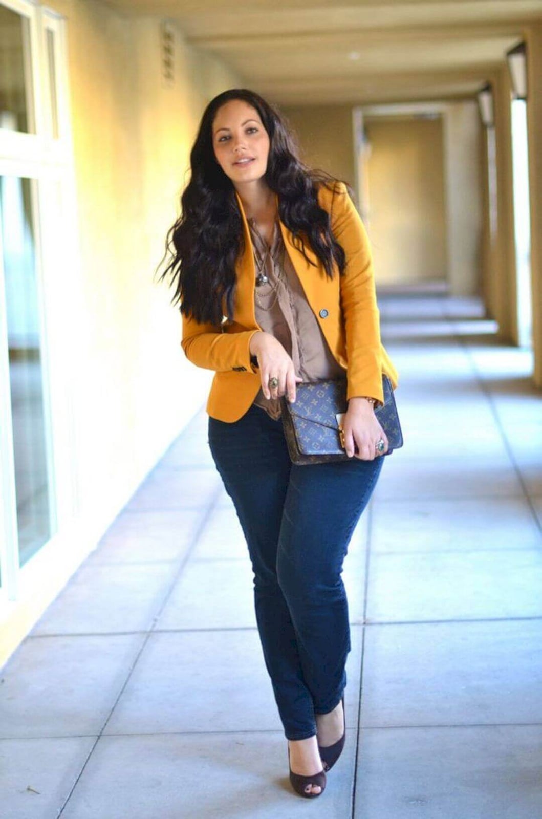 Mustard Yellow Blazer Taupe Blouse and Slim-Fit Jeans Mustard Yellow Blazer Taupe Blouse and Slim-Fit Jeans — Trendy Casual Office Outfit