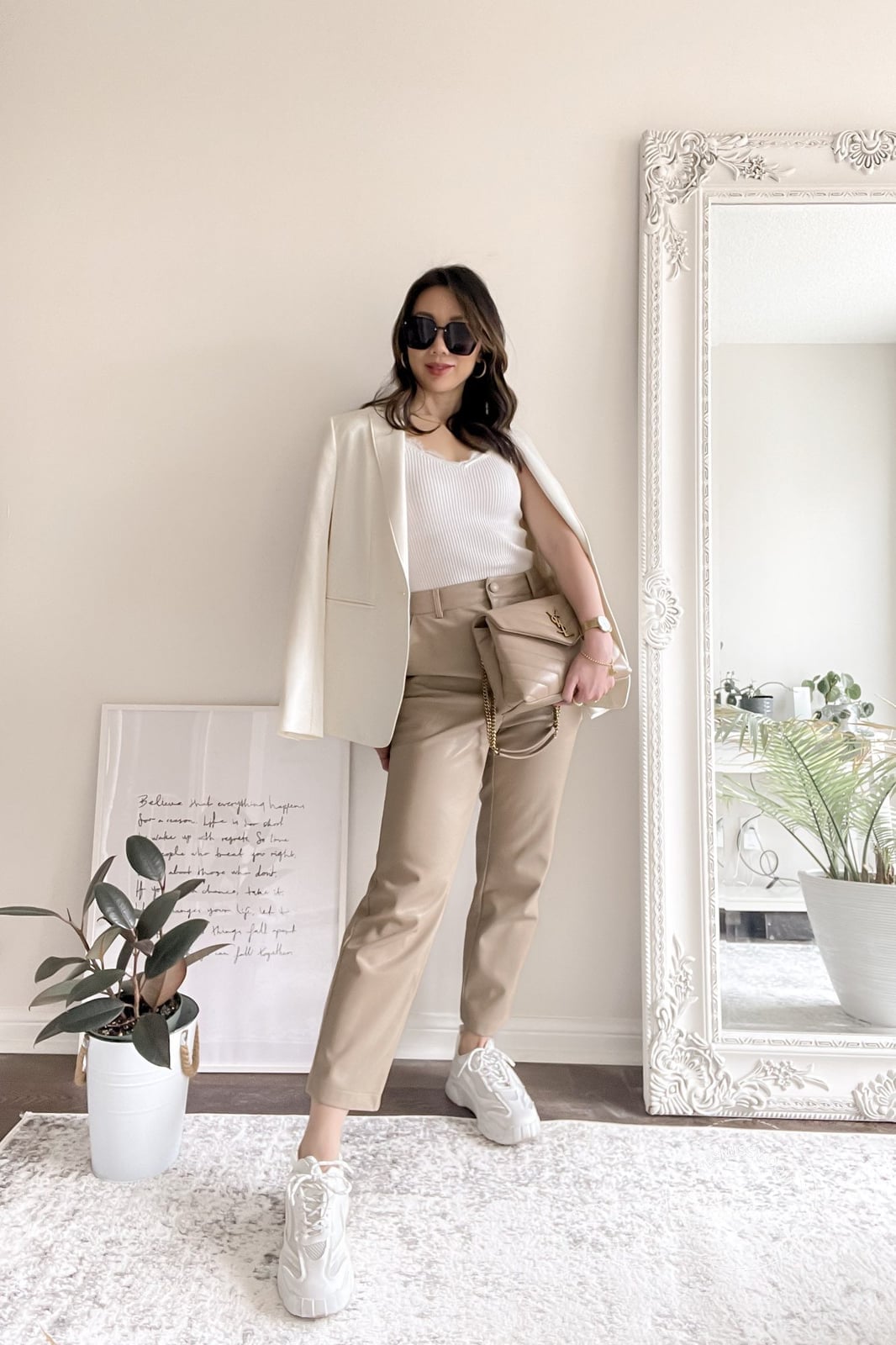 Cream Blazer Beige Faux Leather Pants and Sneakers Cream Blazer Beige Faux Leather Pants and Sneakers — Trendy Casual Office Outfit