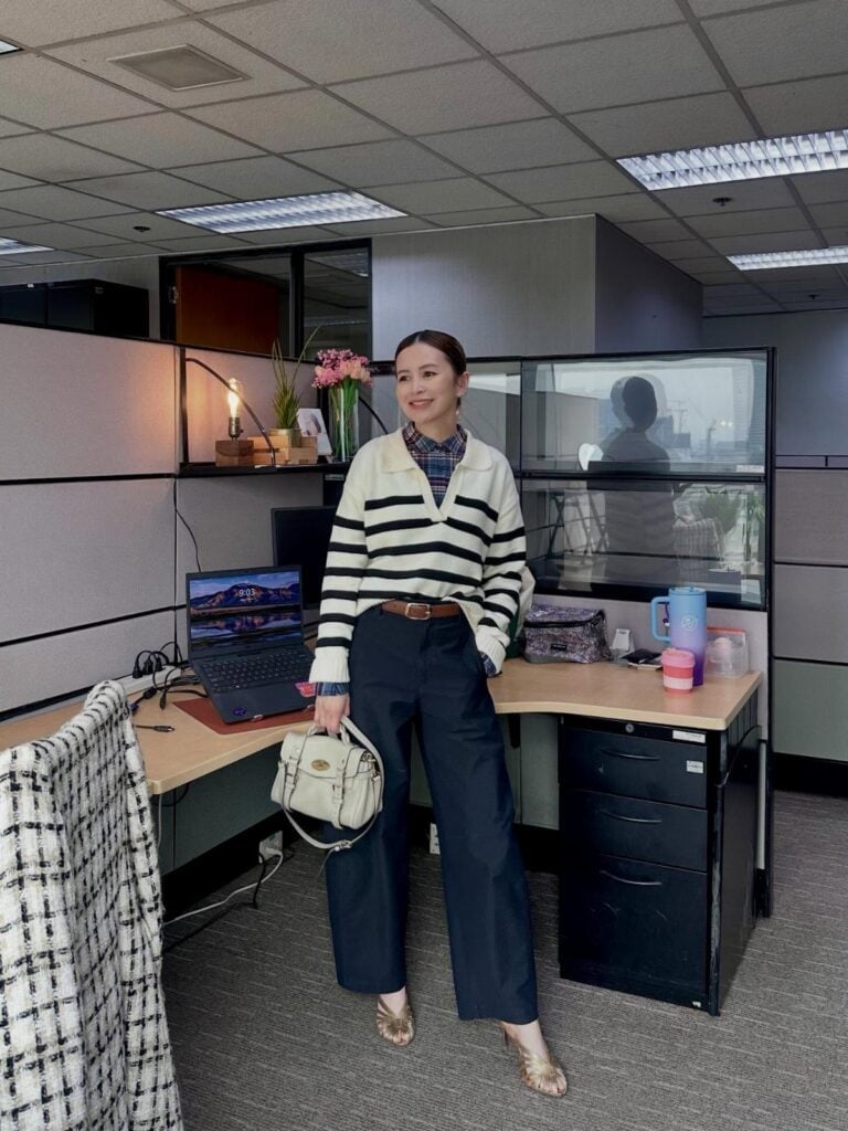 Striped Sweater Over Plaid Shirt with Black Wide-Leg Trousers Striped Sweater Over Plaid Shirt with Black Wide-Leg Trousers — Trendy Casual Office Outfit