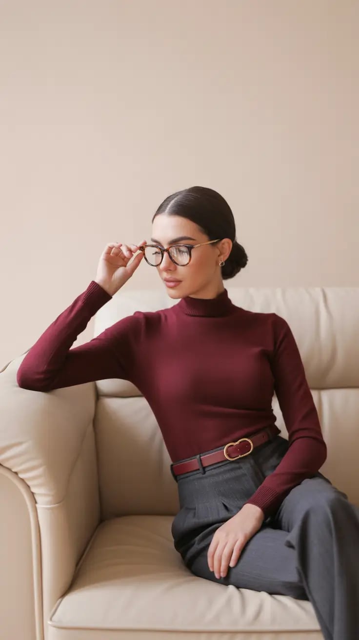 Burgundy Turtleneck Grey Wide-Leg Trousers and Gold Buckle Belt Burgundy Turtleneck Grey Wide-Leg Trousers and Gold Buckle Belt — Trendy Casual Office Outfit