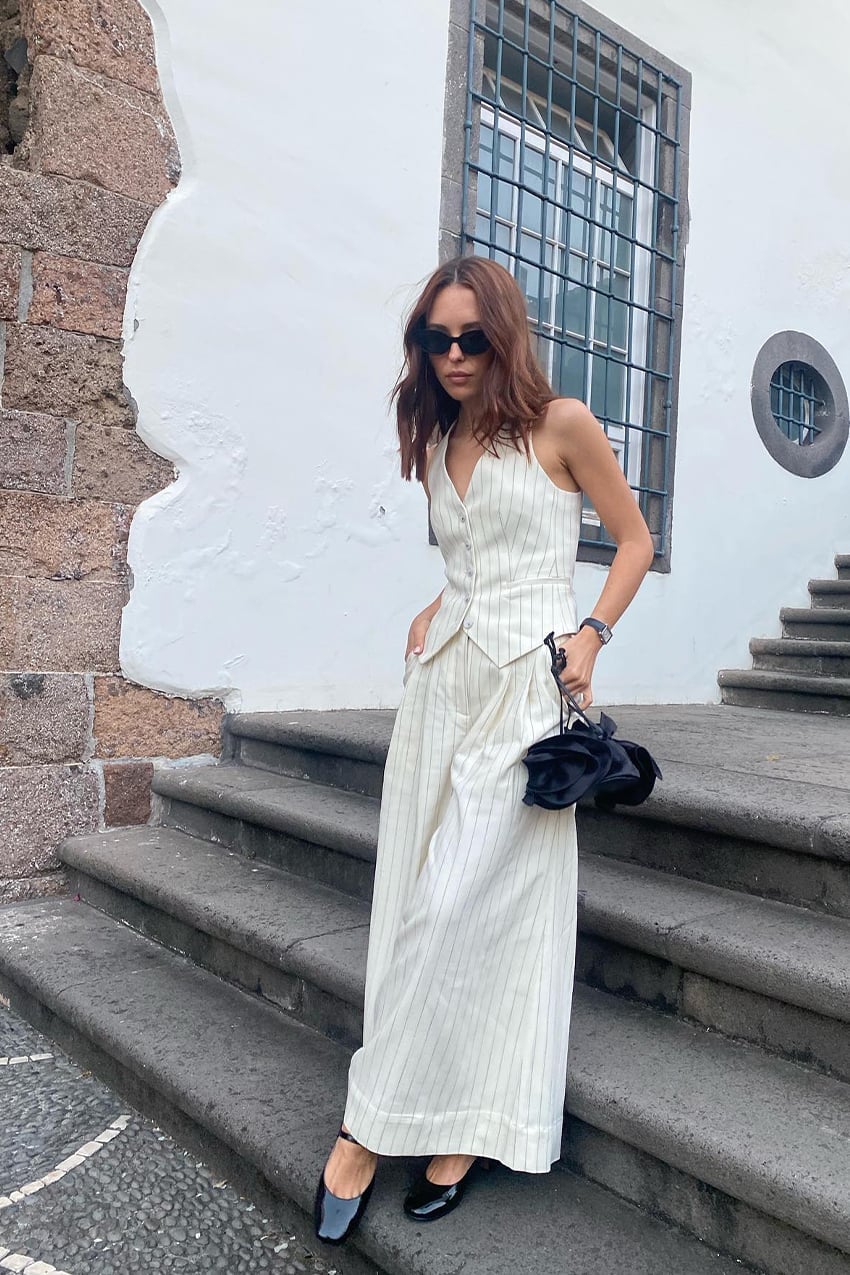 White Pinstripe Vest and Trousers with Black Flats White Pinstripe Vest and Trousers with Black Flats — Trendy Casual Office Outfit