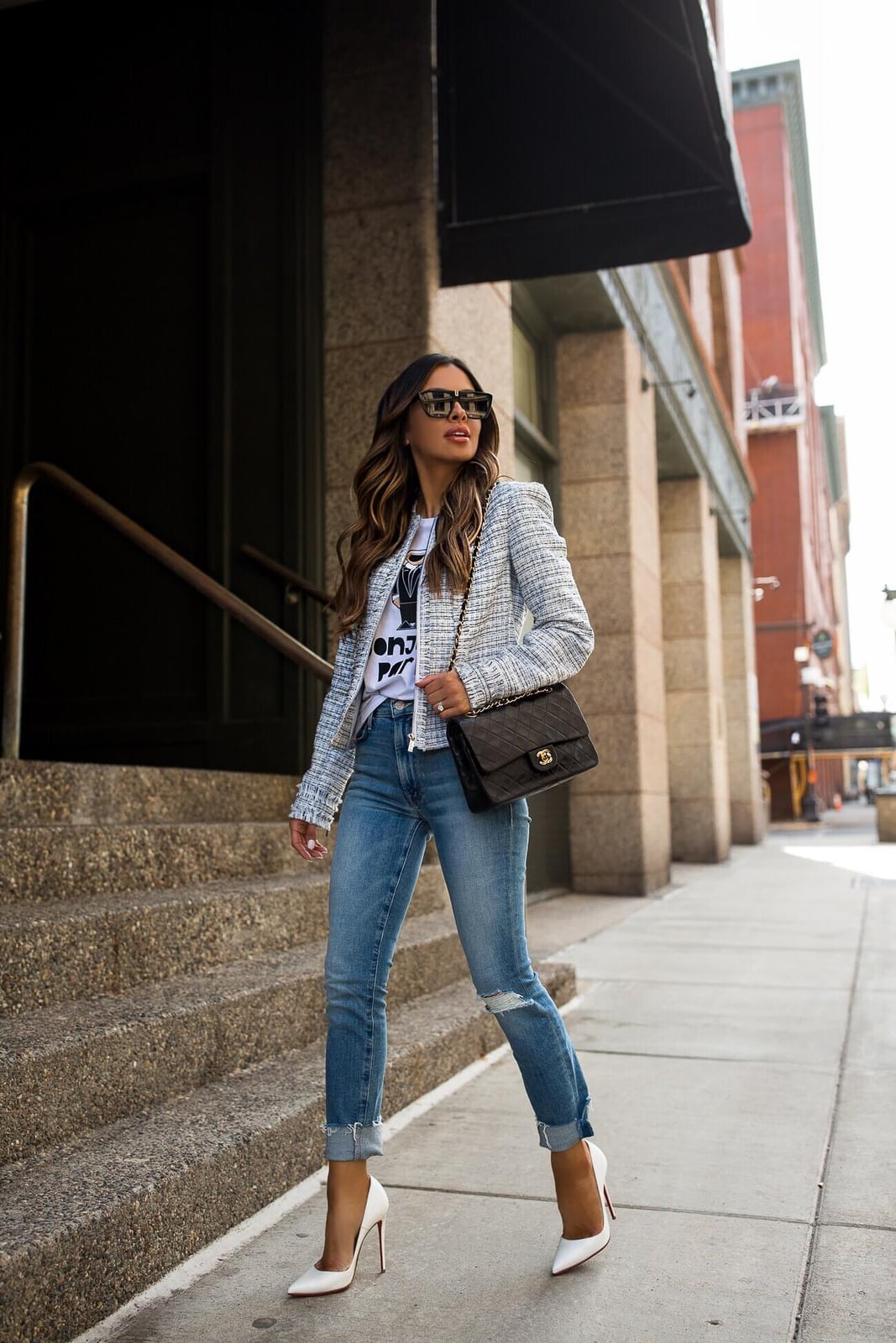 Light Blue Tweed Jacket Over T-Shirt and Blue Jeans Light Blue Tweed Jacket Over T-Shirt and Blue Jeans — Trendy Casual Office Outfit