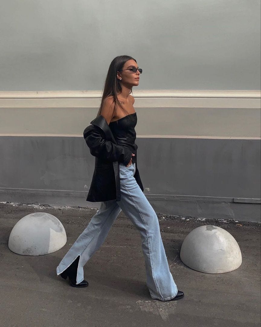Flared Jeans with Strapless Top and Leather Jacket — Trendy Casual Outfits