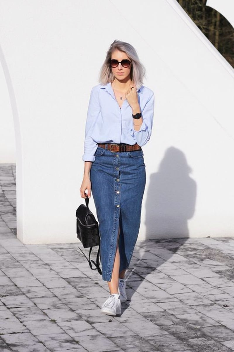 Long Denim Skirt with Button-Down Shirt — Trendy Casual Outfits