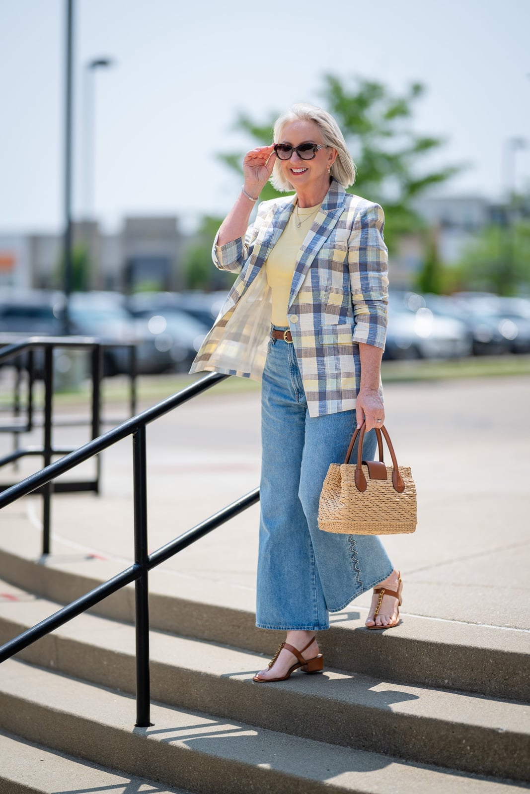 Plaid Blazer with Wide-Leg Jeans and Sandals and Straw Tote Bag — Trendy Casual Outfits