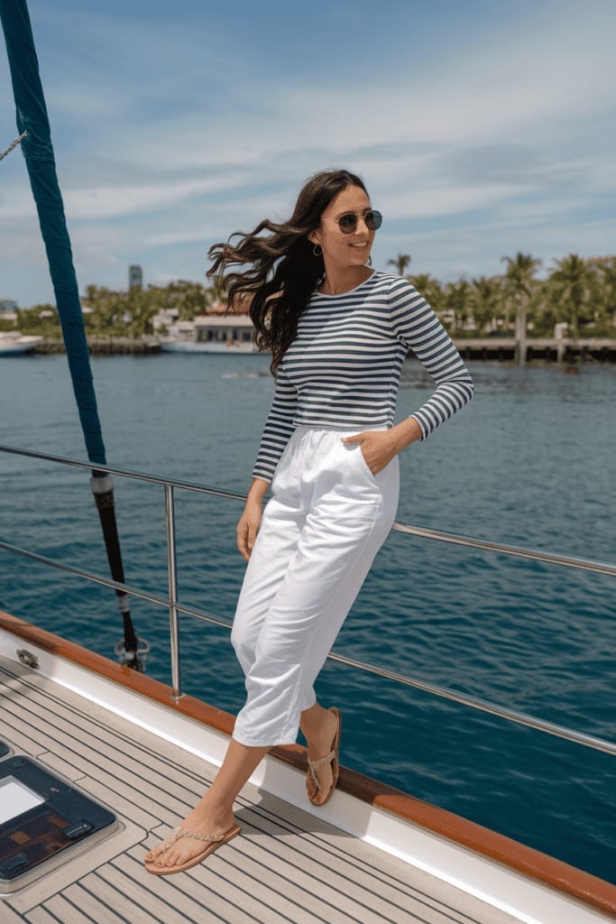 Striped Long Sleeve Top with White Cropped Trousers — Trendy Casual Party Outfit