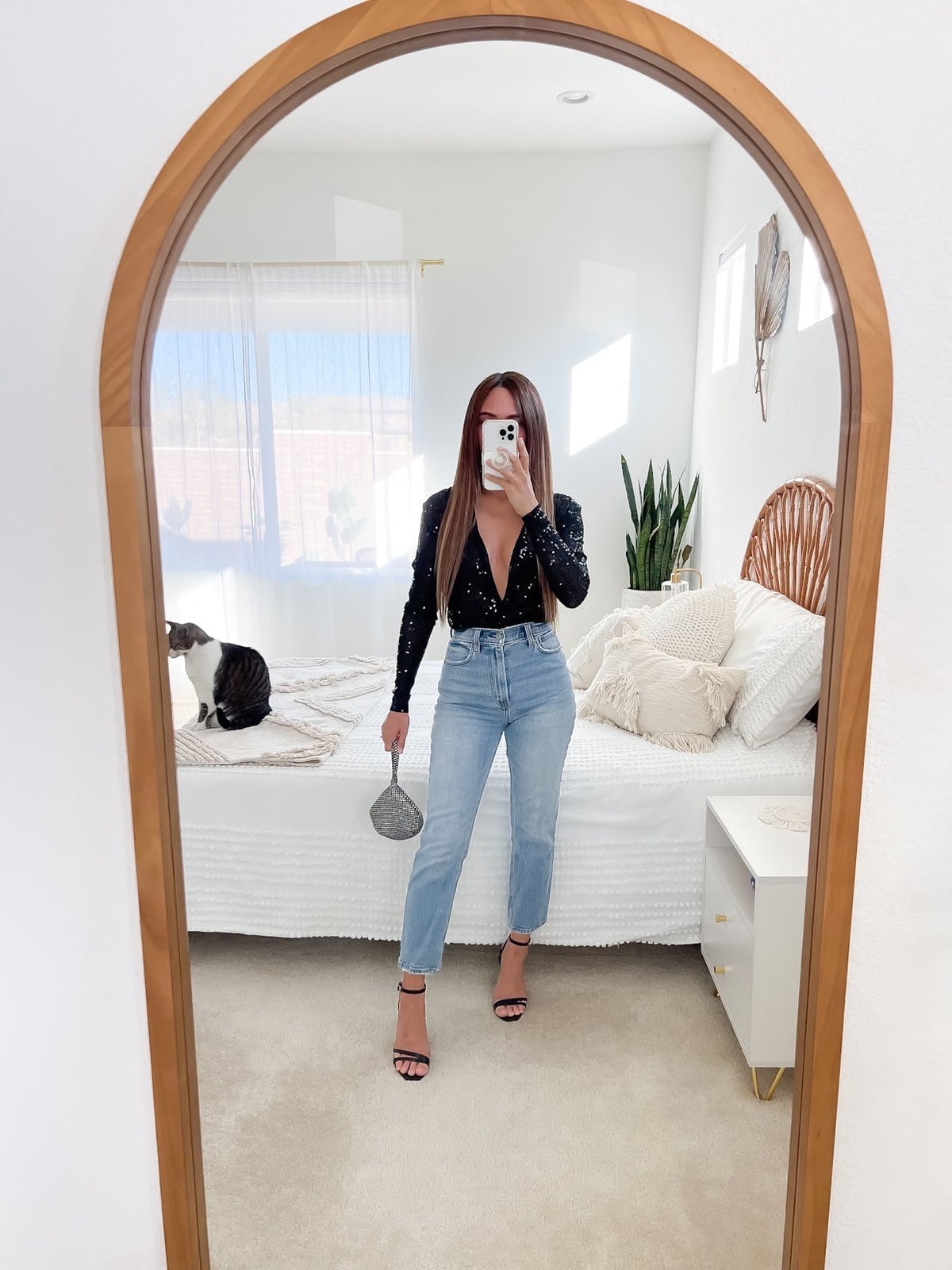 Sparkly Long Sleeve Top with Light-Wash Jeans — Trendy Casual Party Outfit