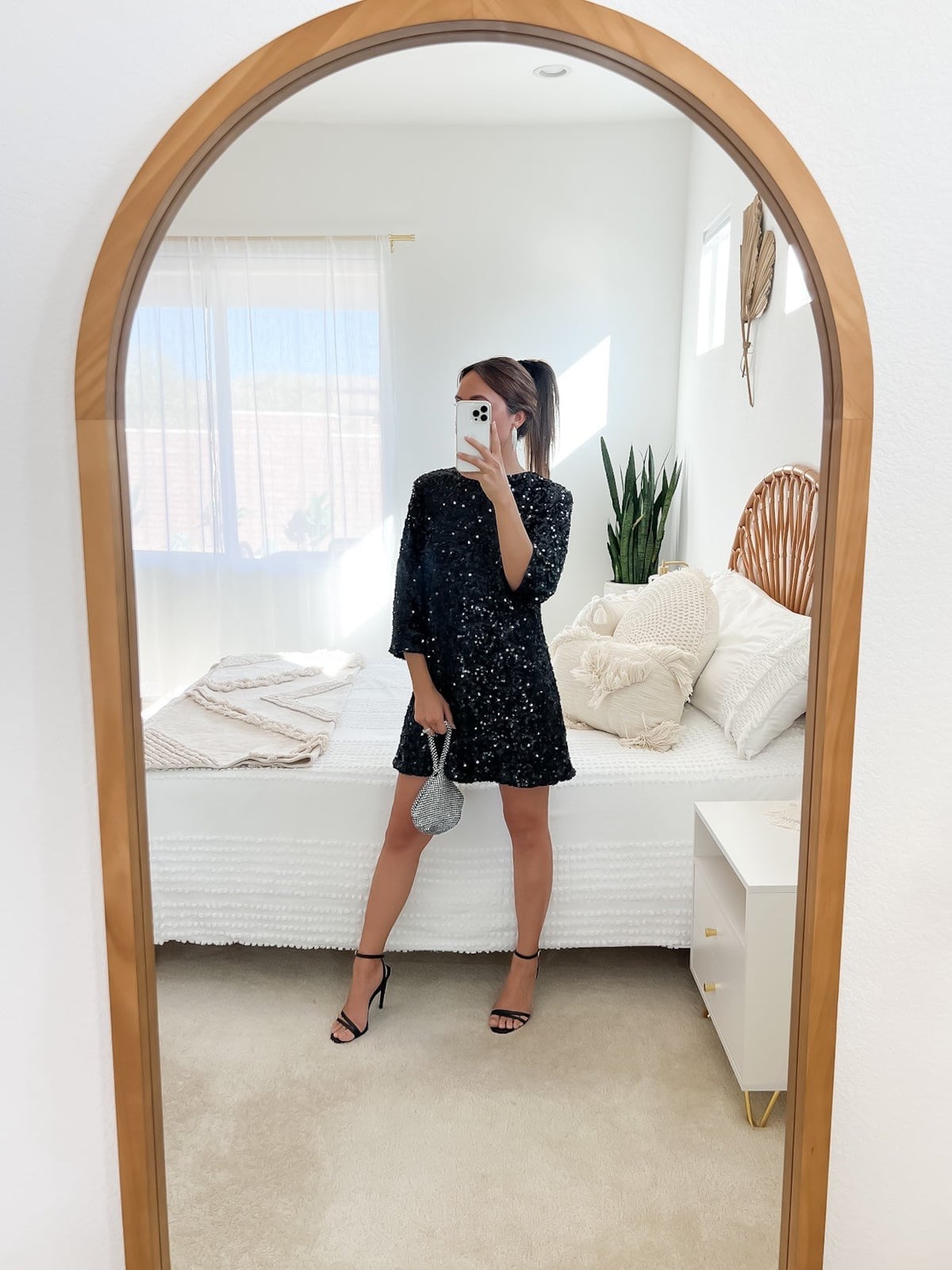 Black Sequin Mini Dress for a Festive Party — Trendy Casual Party Outfit