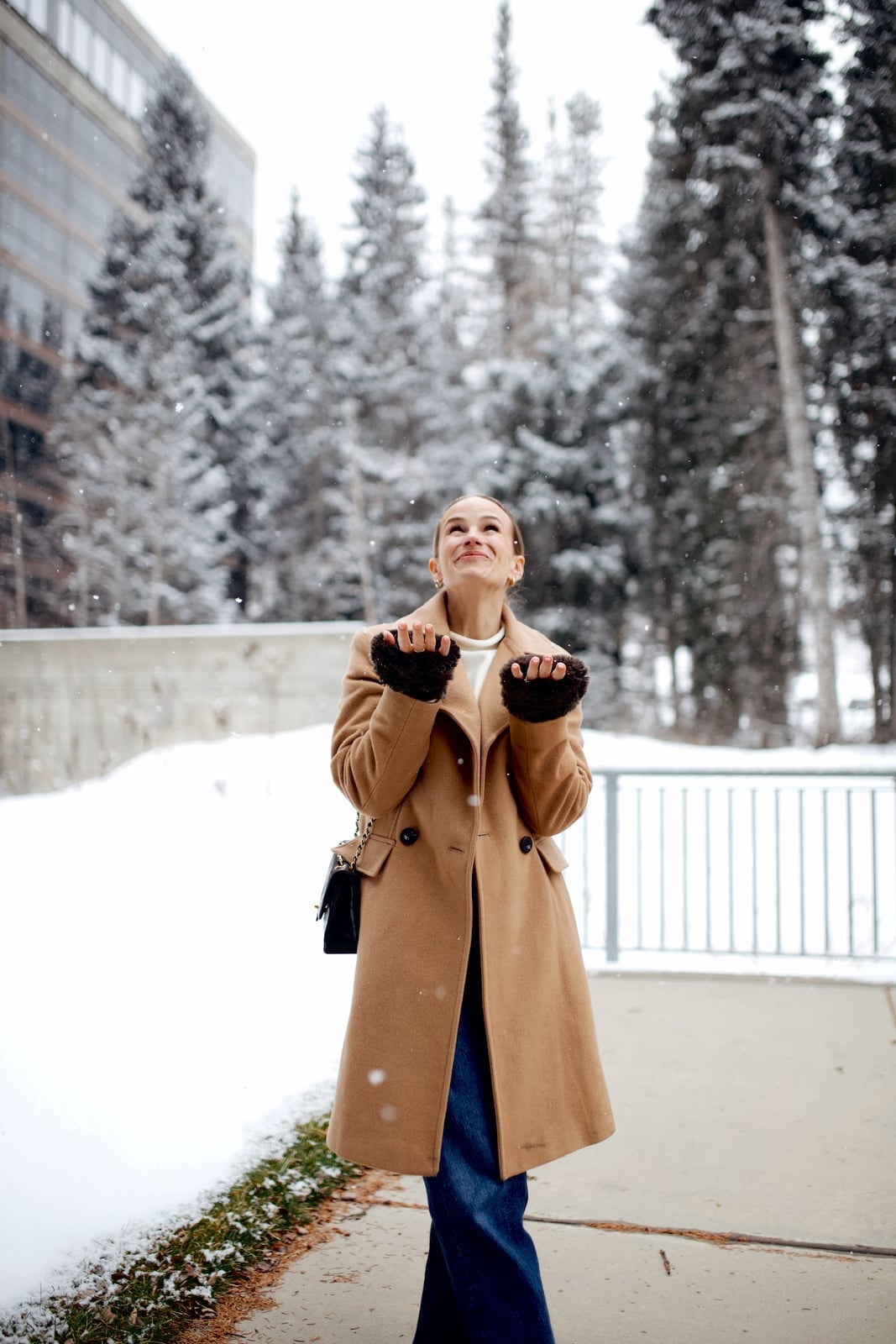 Camel Wool Coat Over White Sweater and Wide-Leg Jeans — Trendy Casual Party Outfit