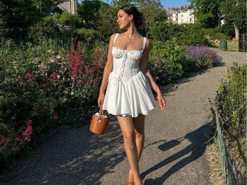 White Eyelet Mini Dress with Corset Bodice — Trendy Casual Party Outfit