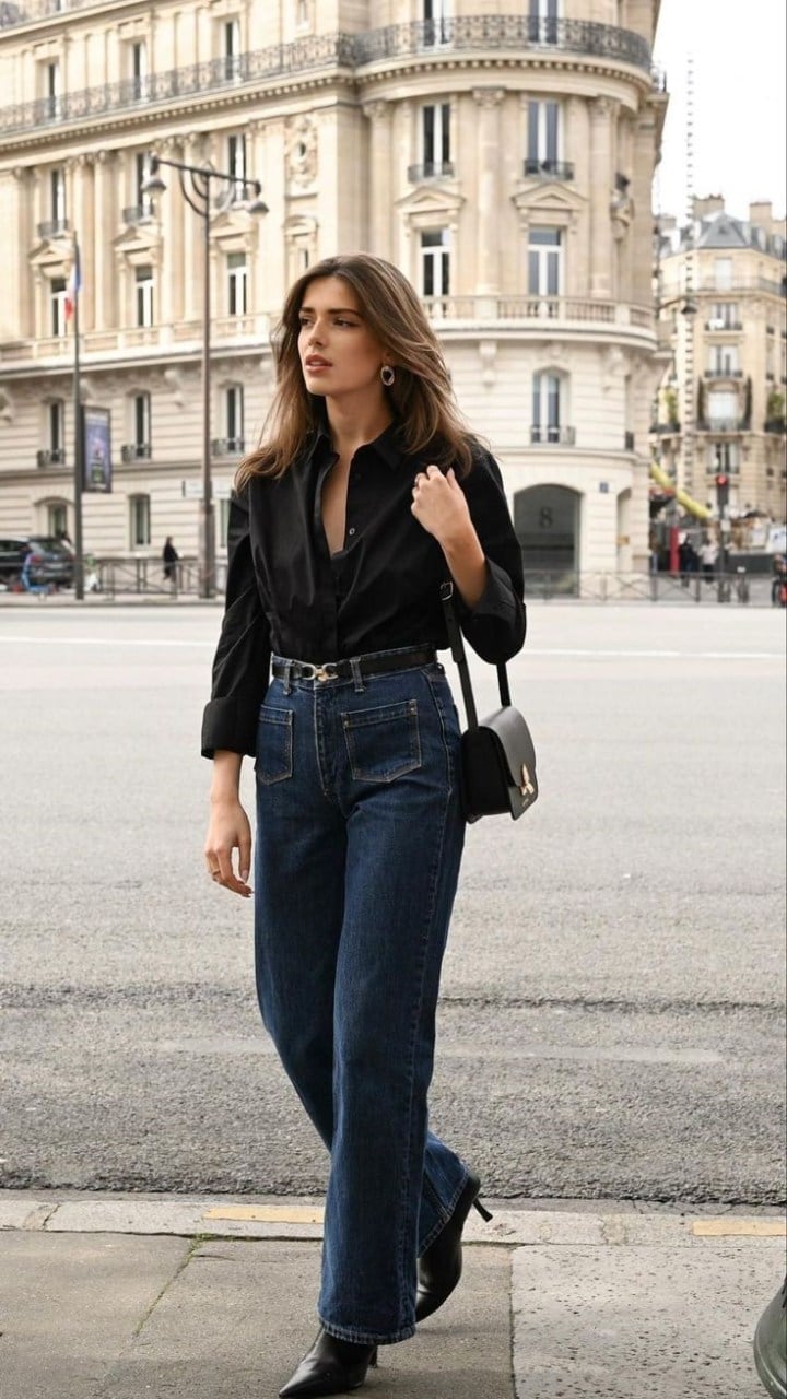 High-Waisted Wide-Leg Jeans with a Black Button-Up Shirt — Trendy Casual Party Outfit