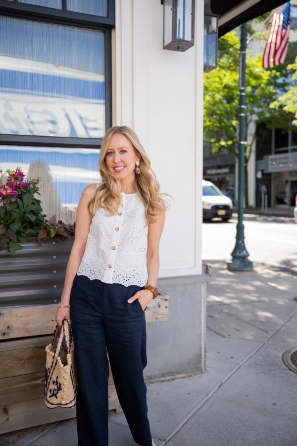 White Eyelet Top with Navy Straight-Leg Trousers — Trendy Casual Party Outfit