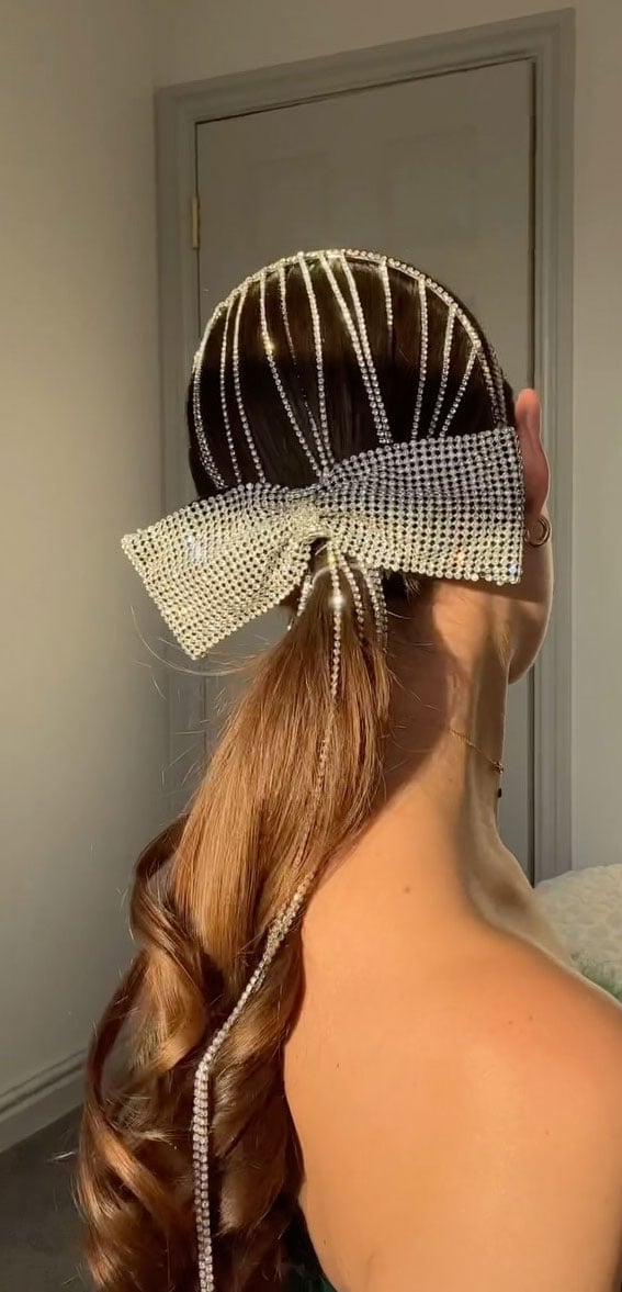 Dark Brown Ponytail With Elaborate Bow Dark Brown Ponytail With Elaborate Bow — Trendy Cheer Hair