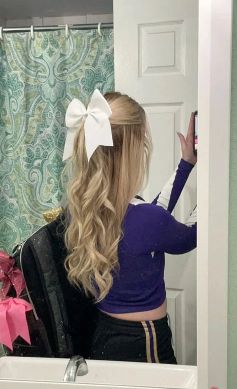 Shoulder Length Bubble Ponytail With Bow Shoulder Length Bubble Ponytail With Bow — Trendy Cheer Hair