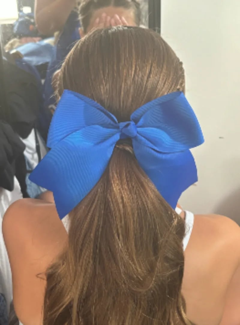 Medium Brown High Ponytail With Blue Bow Medium Brown High Ponytail With Blue Bow — Trendy Cheer Hair