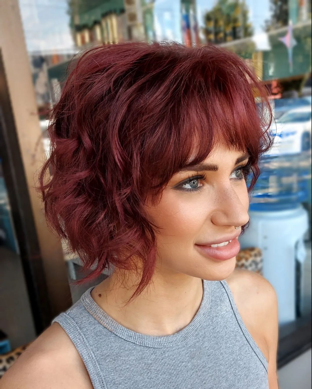 Deep Red Chin Length Shag With Choppy Bangs — Trendy Chin Length Hair