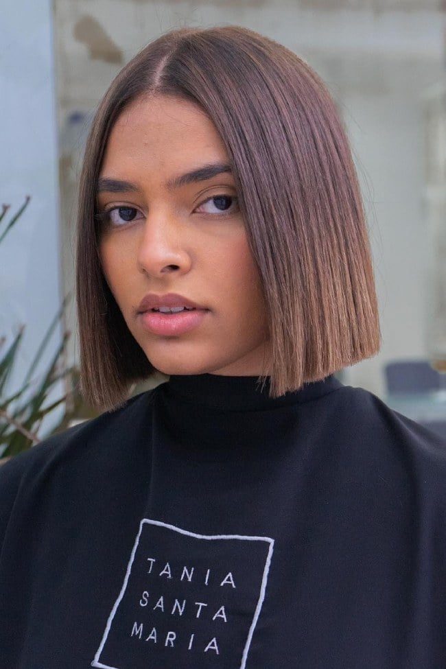 Precision Dark Brown Blunt Bob With Blunt Bangs — Trendy Chin Length Hair