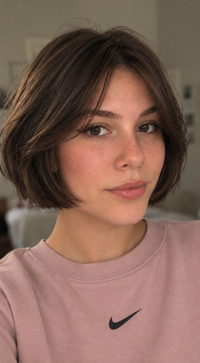 Dark Brown Bob With Subtle Highlights And Curtain Bangs — Trendy Chin Length Hair