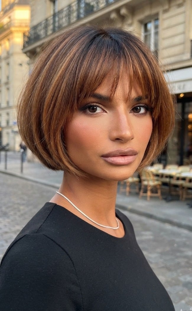 Sleek Warm Brown Blunt Bob With Blunt Bangs — Trendy Chin Length Hair