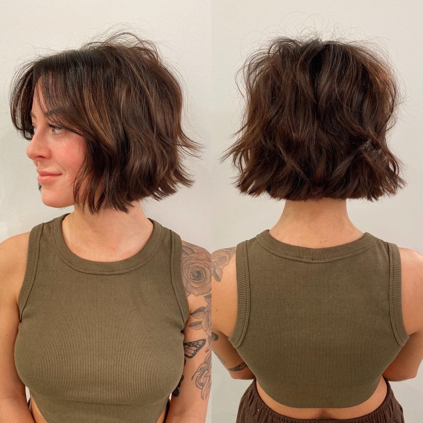 Textured Dark Brown Bob With Wispy Bangs — Trendy Chin Length Hair