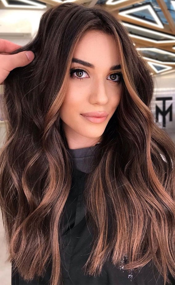 Mid-Back Length With Toffee Highlights Mid-Back Length With Toffee Highlights — Trendy Chocolate Hair Color
