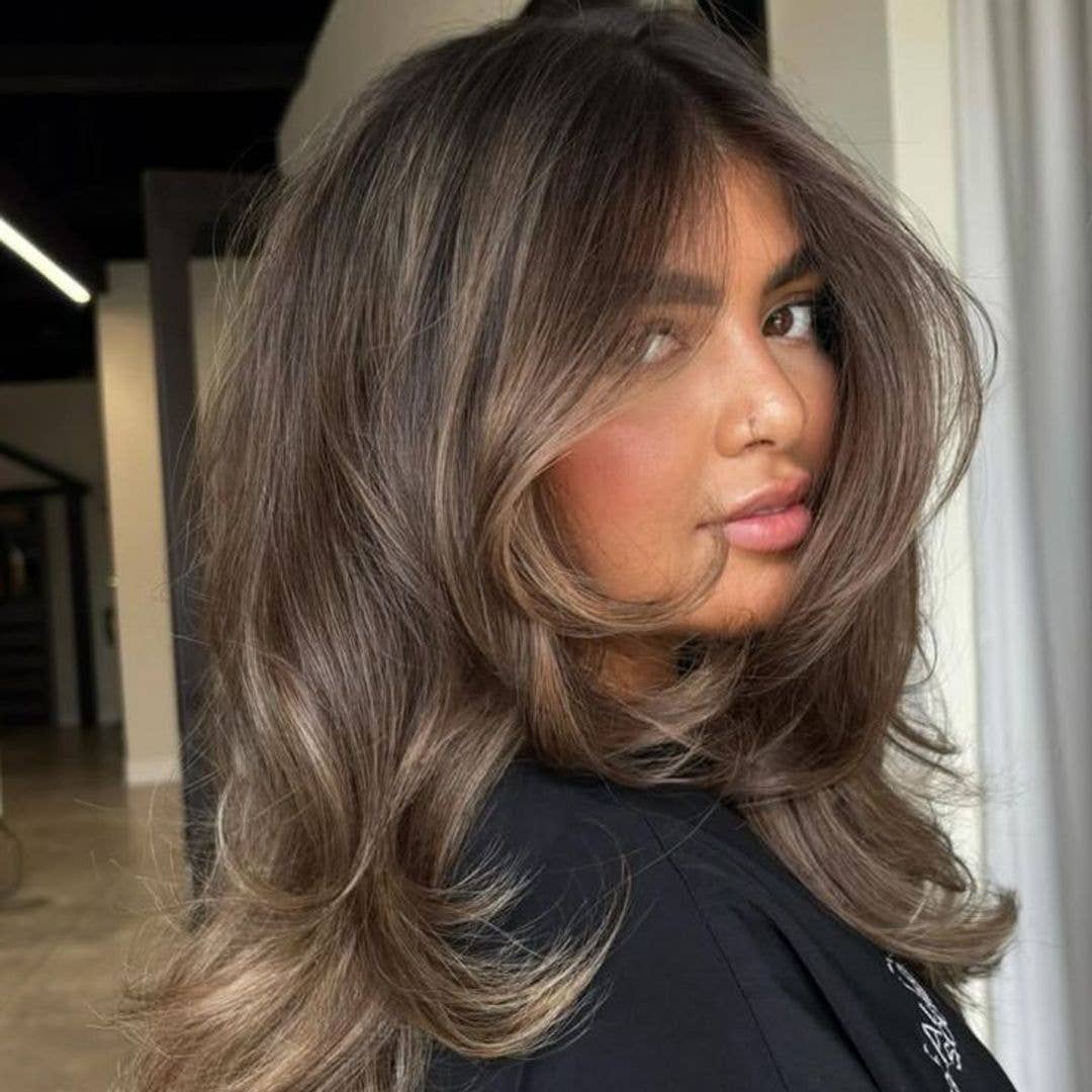 Shoulder Length With Balayage and Curtain Bangs Shoulder Length With Balayage and Curtain Bangs — Trendy Chocolate Hair Color