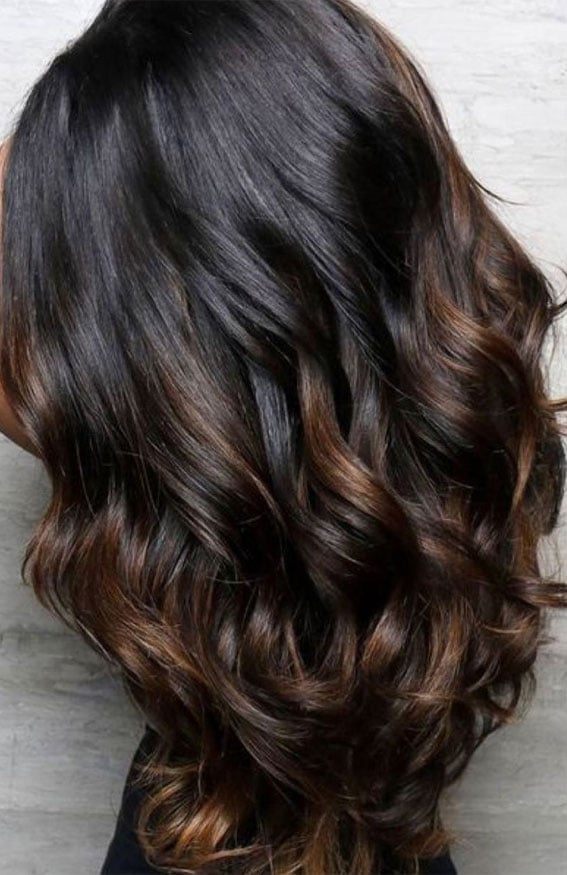 Collarbone Lob With Brown Balayage and Loose Curls Collarbone Lob With Brown Balayage and Loose Curls — Trendy Chocolate Hair Color