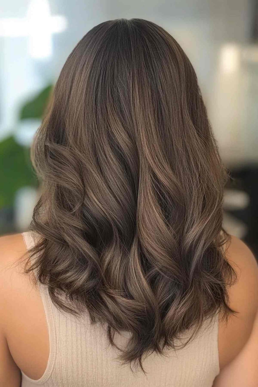 Collarbone Dark Chocolate With Lighter Balayage, Wavy Collarbone Dark Chocolate With Lighter Balayage, Wavy — Trendy Chocolate Hair Color
