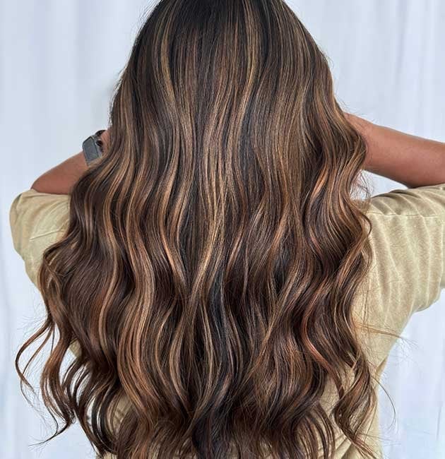 Dark Chocolate With Warm Caramel Balayage Dark Chocolate With Warm Caramel Balayage — Trendy Chocolate Hair Color