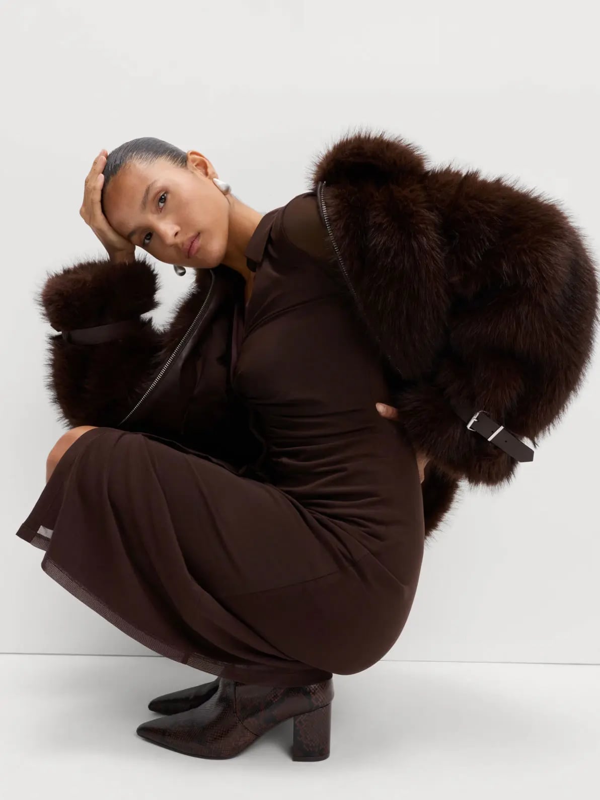 Faux Fur Jacket Over a Fitted Midi Dress Faux Fur Jacket Over a Fitted Midi Dress — Trendy Chocolate Outfits