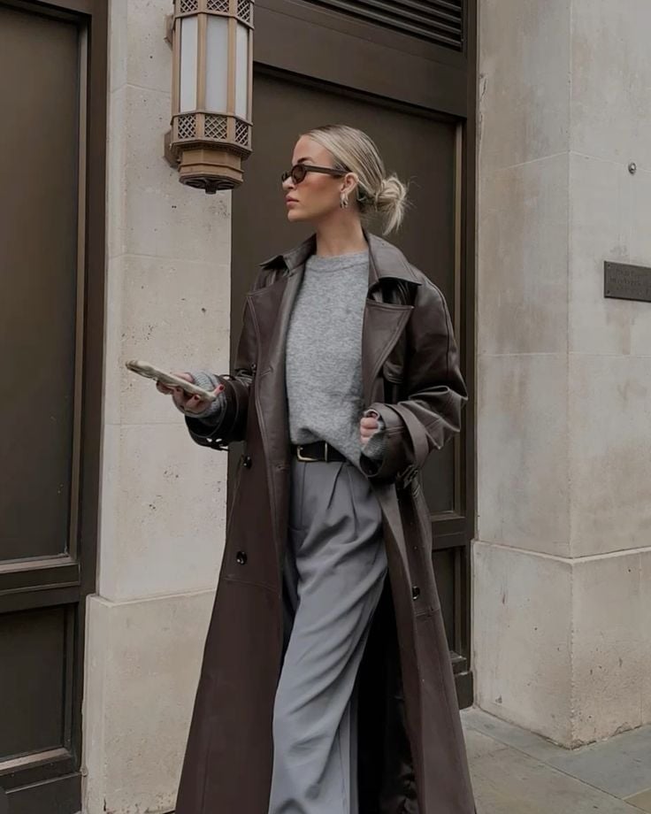 Leather Trench Coat Over Knit Separates Leather Trench Coat Over Knit Separates — Trendy Chocolate Outfits