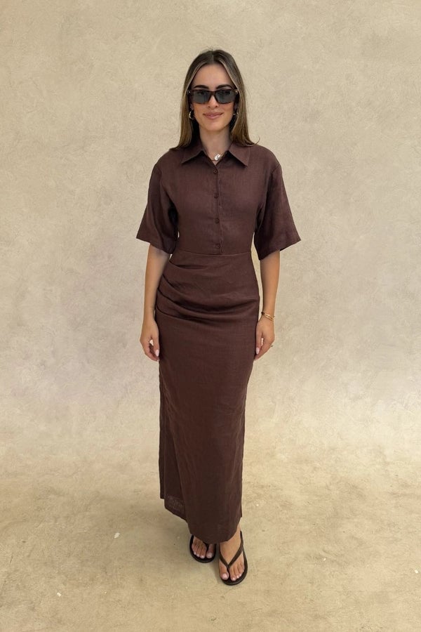 Linen Midi Dress for Casual Daytime Wear Trendy Chocolate Outfits