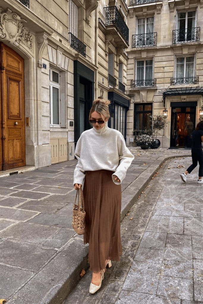 Cream Turtleneck Sweater with Brown Flowy Midi Skirt — Trendy Church Outfits