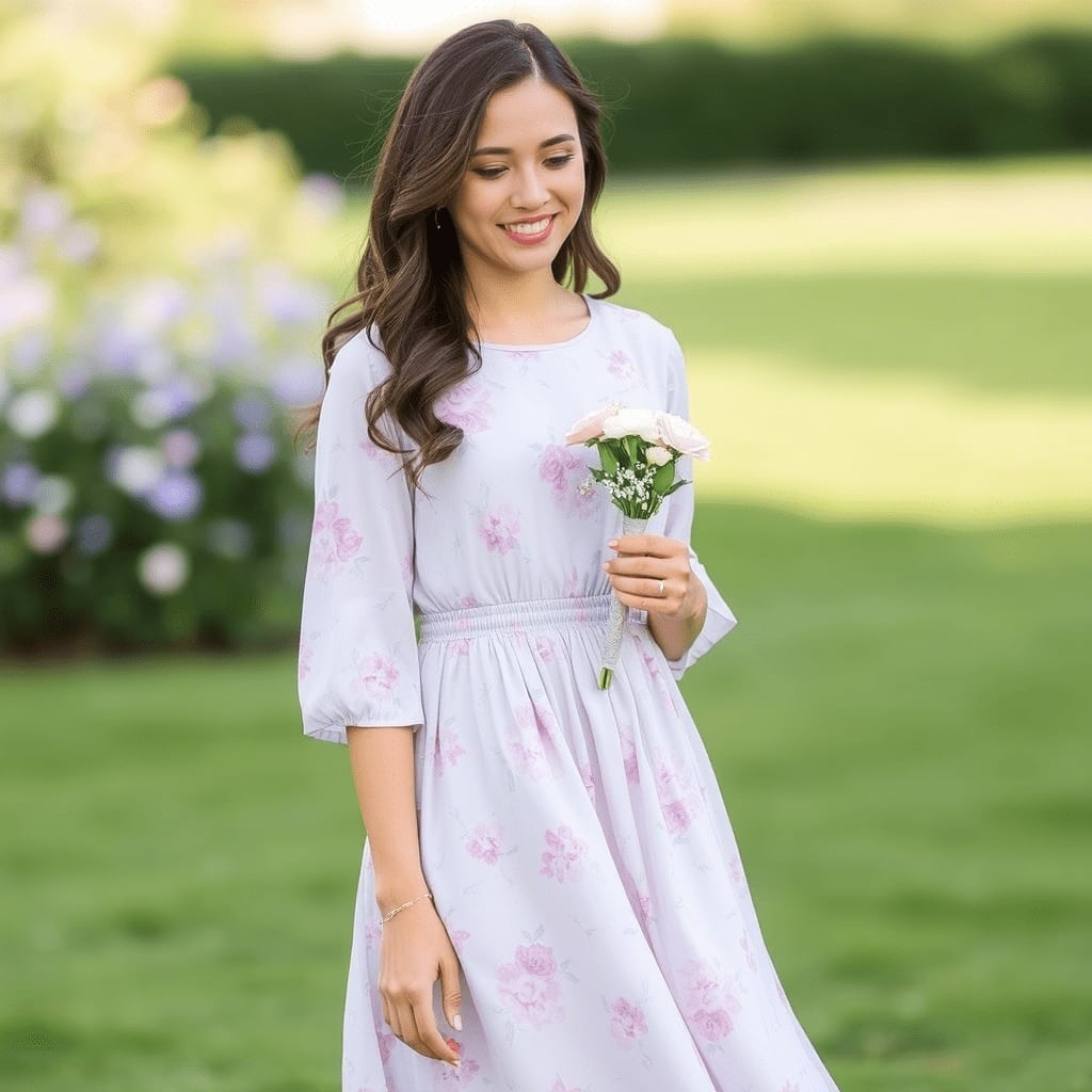 Light Blue Floral Print Midi Dress — Trendy Church Outfits
