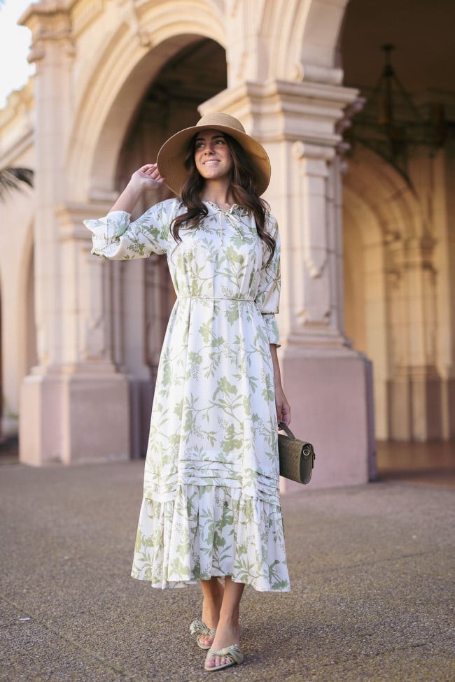 White Floral Midi Dress with Straw Hat — Trendy Church Outfits