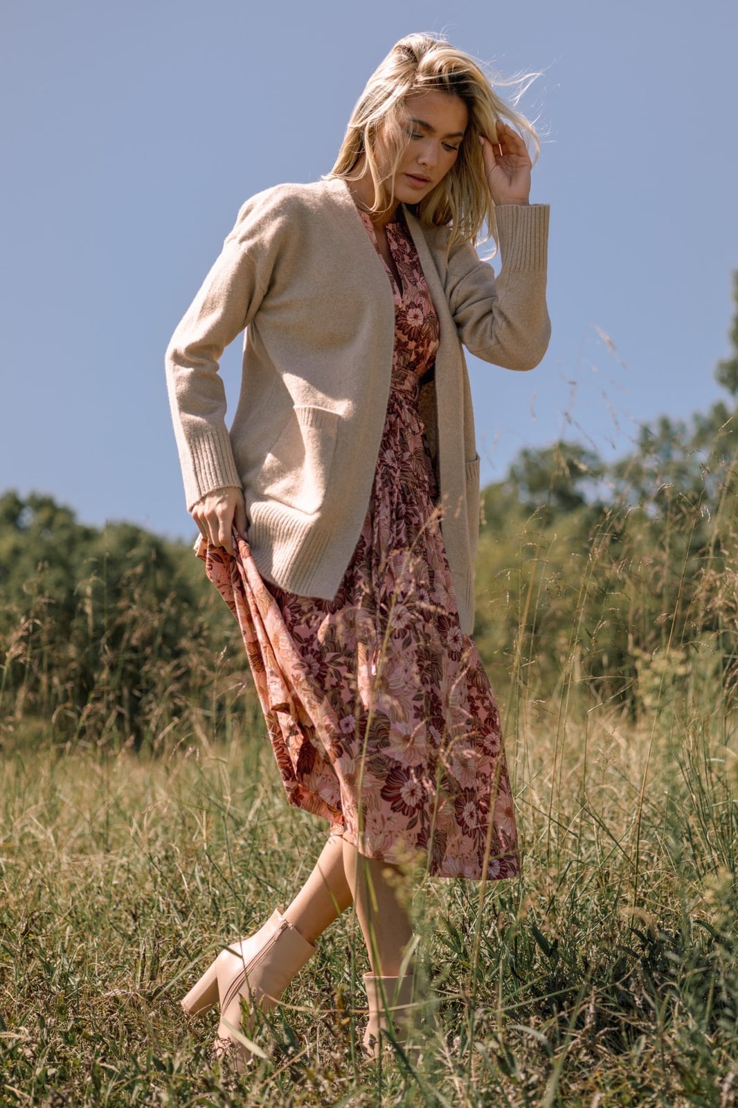 Pink Floral Print Midi Dress with Beige Cardigan — Trendy Church Outfits
