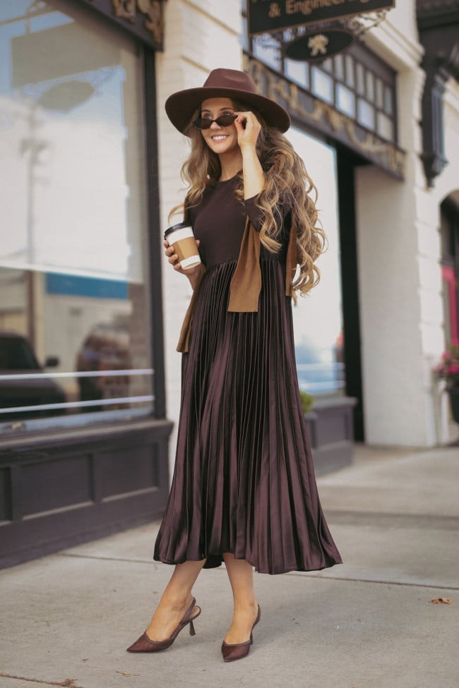 Cream Blazer with Pink Floral Chiffon Midi Dress and Pointed Toe Heels — Trendy Church Outfits