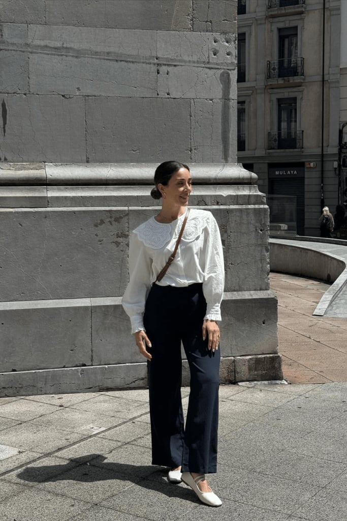 Navy Wide-Leg Trousers with White Oversized Collar Blouse — Trendy Church Outfits