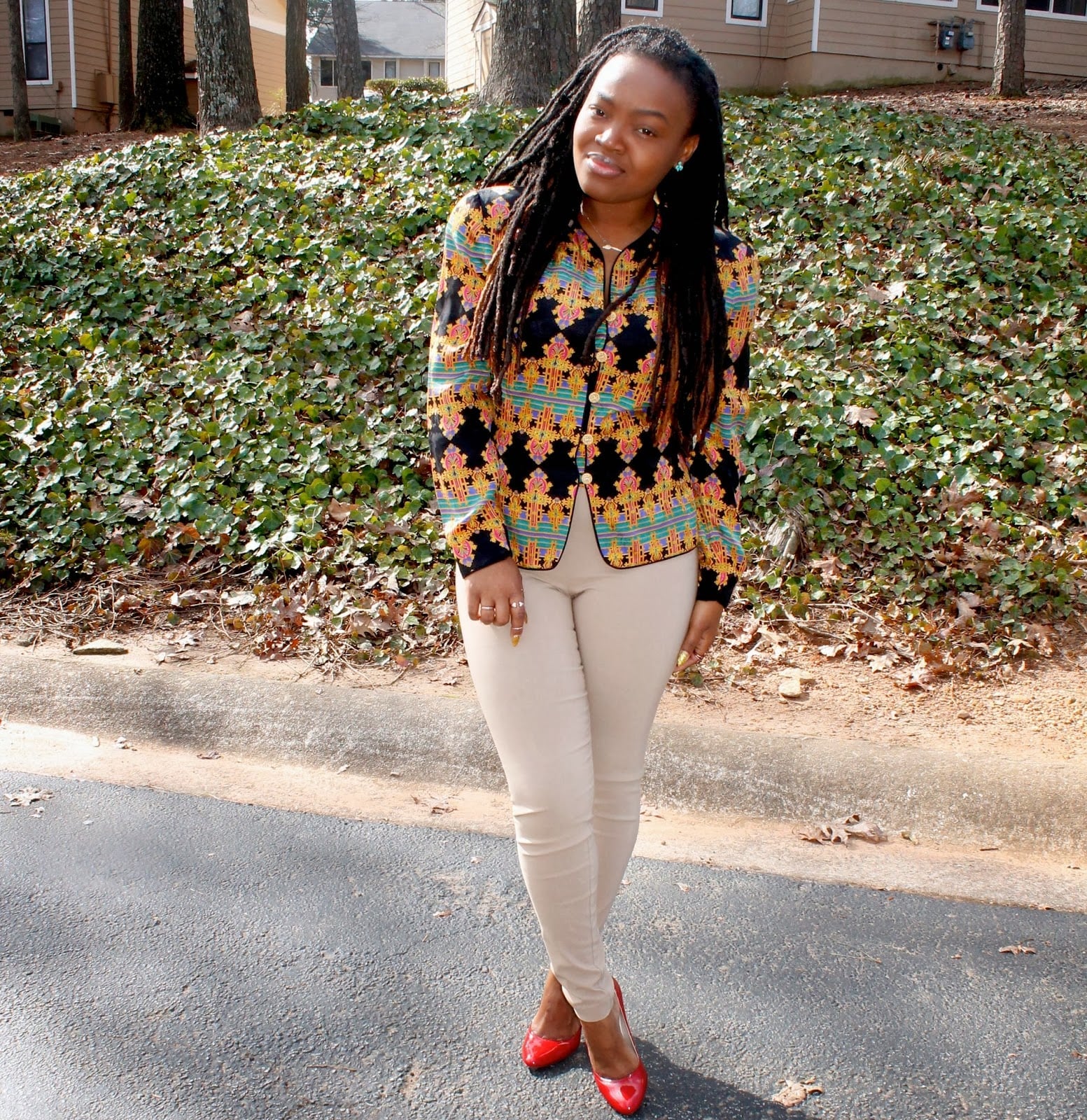 Geometric Print Jacket with Beige Slim-Fit Trousers — Trendy Church Outfits