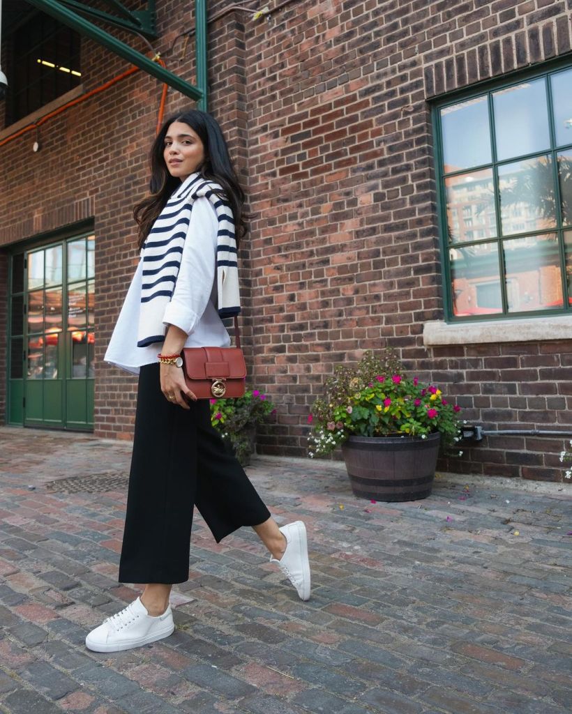 Black Cropped Trousers with Striped Sweater — Trendy Church Outfits