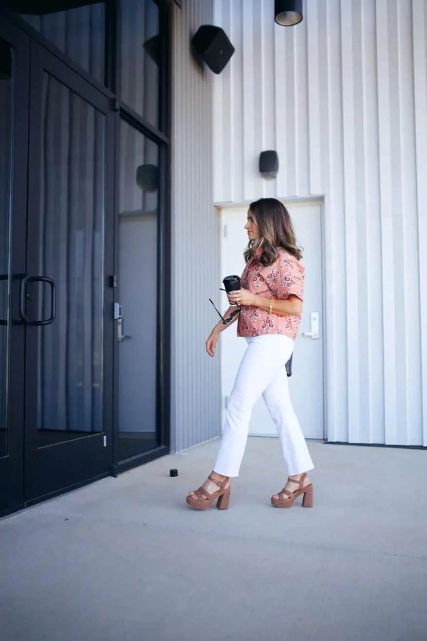Pink Patterned Blouse with White Cropped Trousers — Trendy Church Outfits