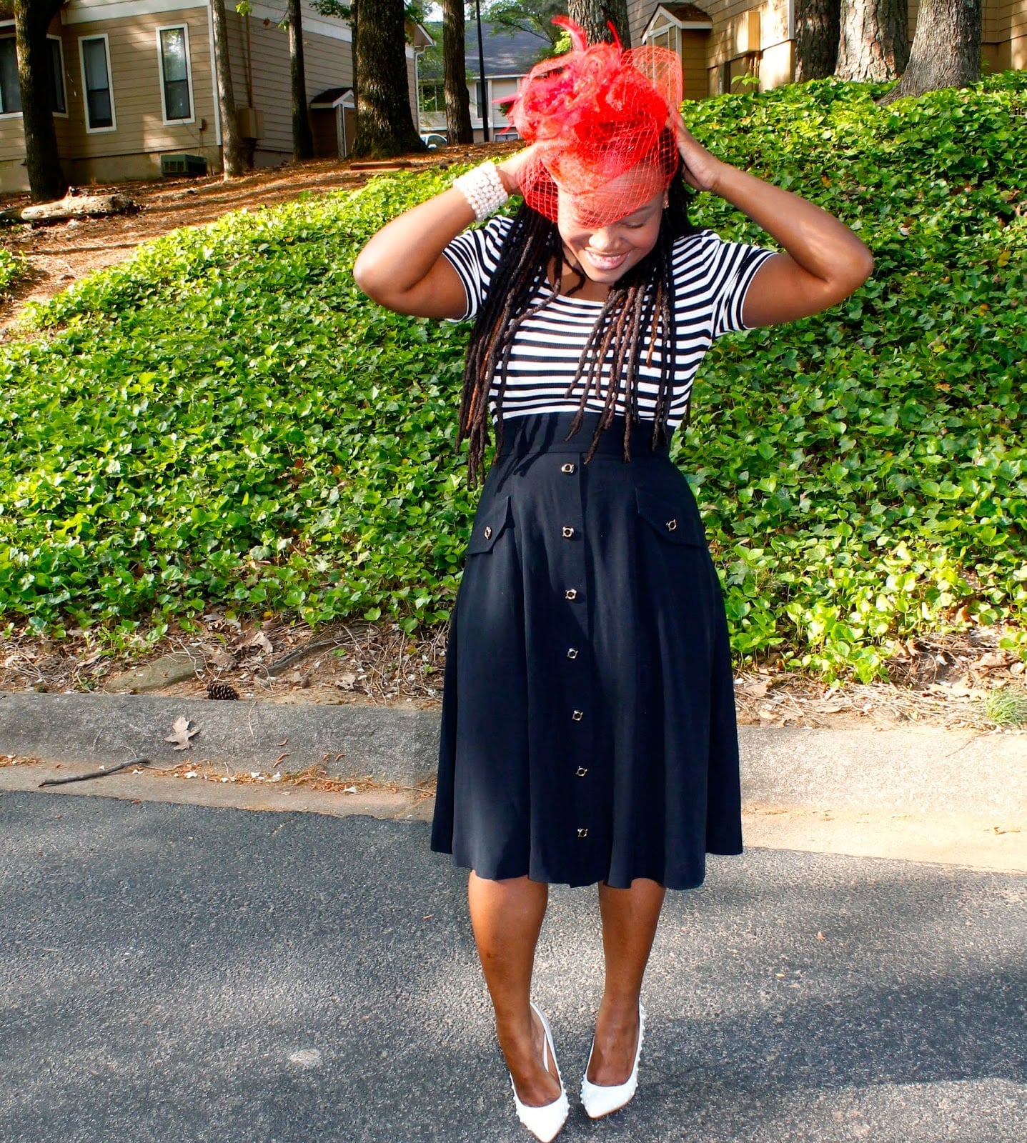 Striped T-Shirt with Black High-Waisted Midi Skirt — Trendy Church Outfits